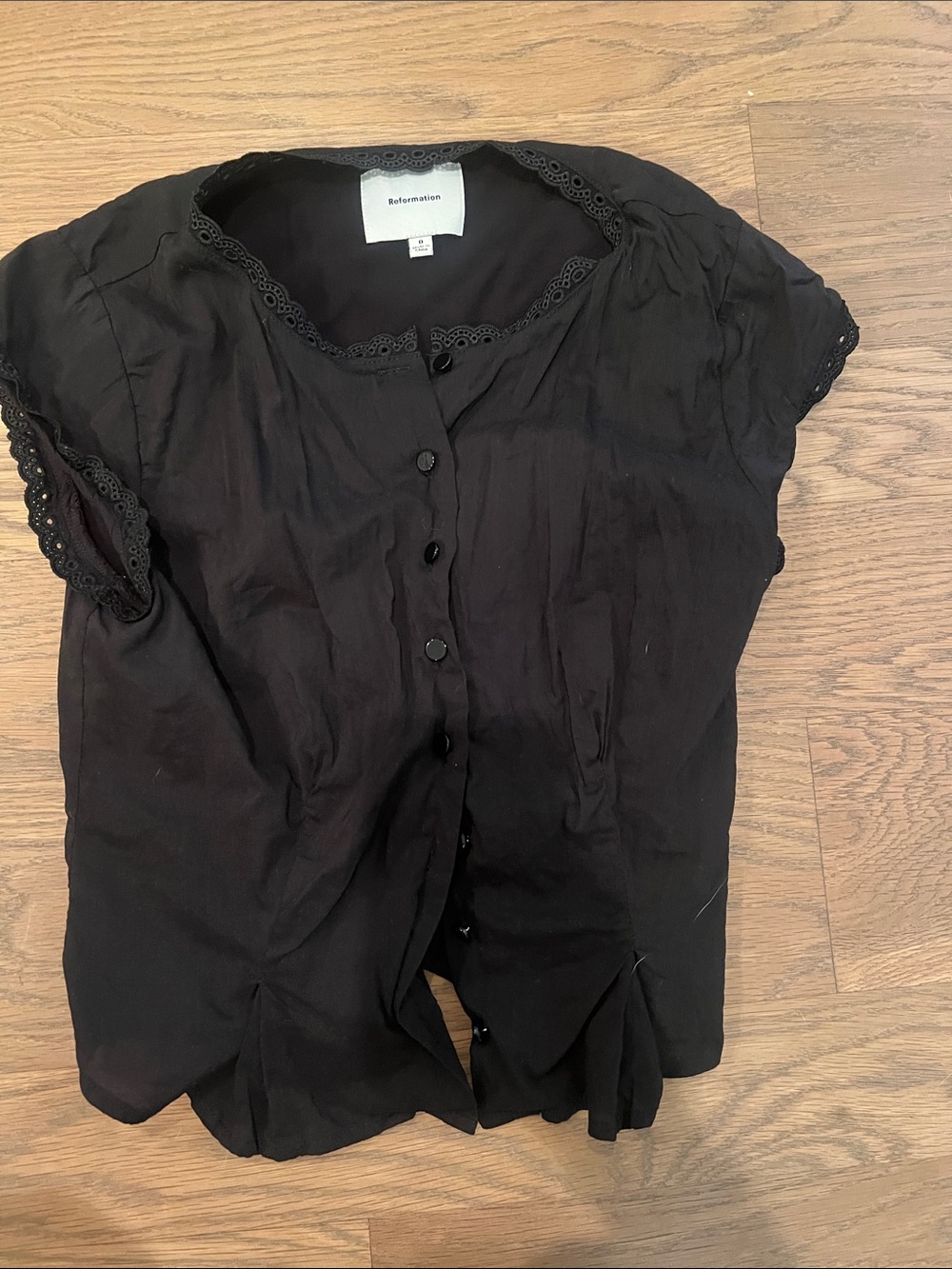 Reformation Black Button-Front Lace-Trim Blouse